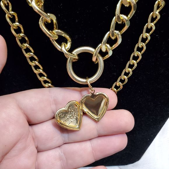 CHUNKY HEART❤ LOCKET DOUBLE CHAIN NECKLACE - Picture 7 of 16